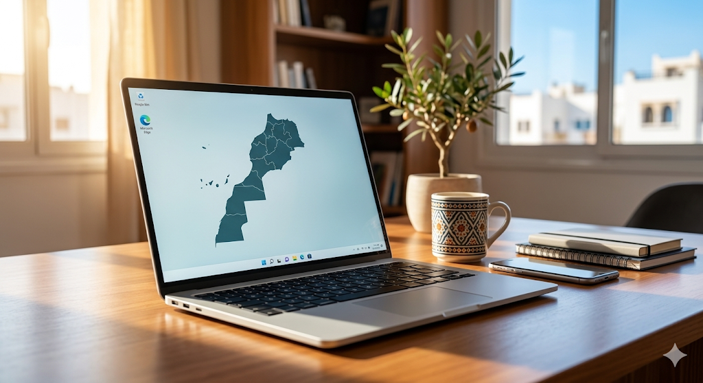 Un élégant pc portable maroc ouvert sur un bureau moderne à Casablanca, avec un design distinctif et une interface de bureau, prêt pour la productivité au Maroc